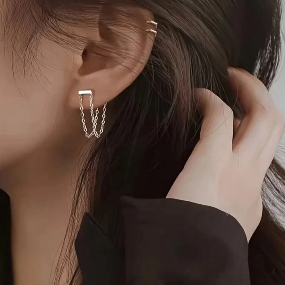 Silver Tone Double Chain Fashion Earrings New